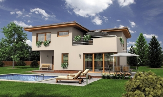 Maison moderne à plusieurs étages avec garage et terrasse résidentielle à l'étage.